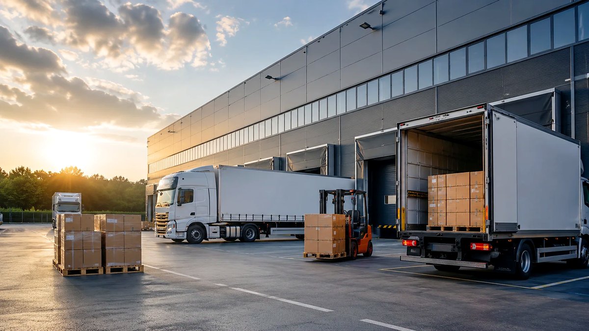 Lorries and a forklift at the loading bays of a distribution warehouse
